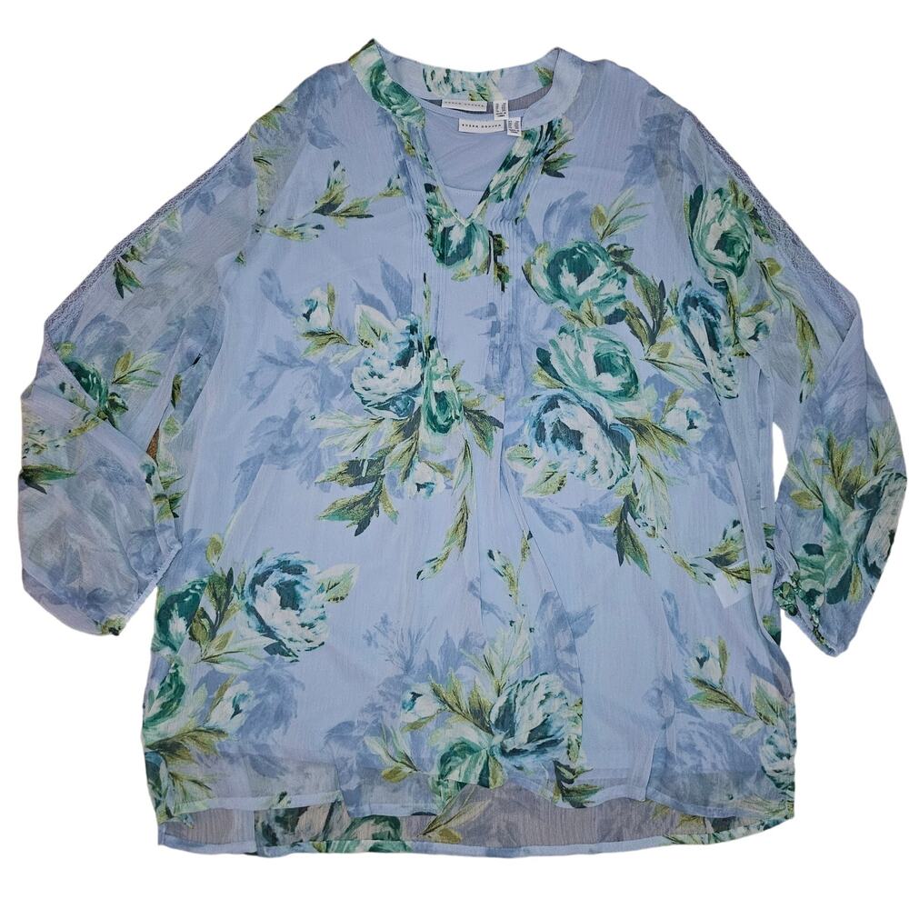 Susan Graver 2 Piece Set Tank and Long Sleeve Blouse Blue Floral Plus Size 2X